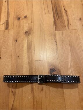 Black Studded Genuine Leather Belt with Silver Buckle Nine West